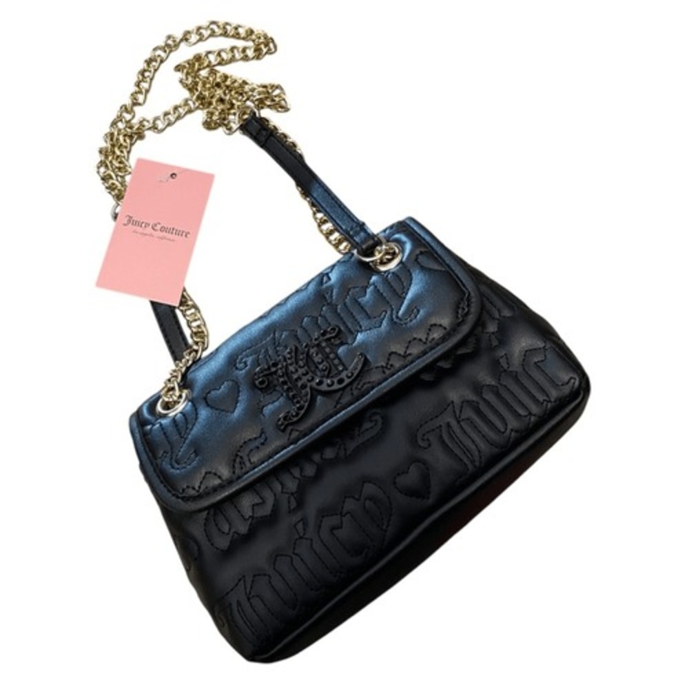 Juicy Couture Black Embossed Logo Heart Crossbody Bag Crystal JC Monogram NEW